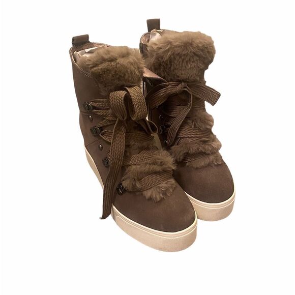 J Slides Taupe Whitney Fur Wedge Sneaker - Picture 3 of 5